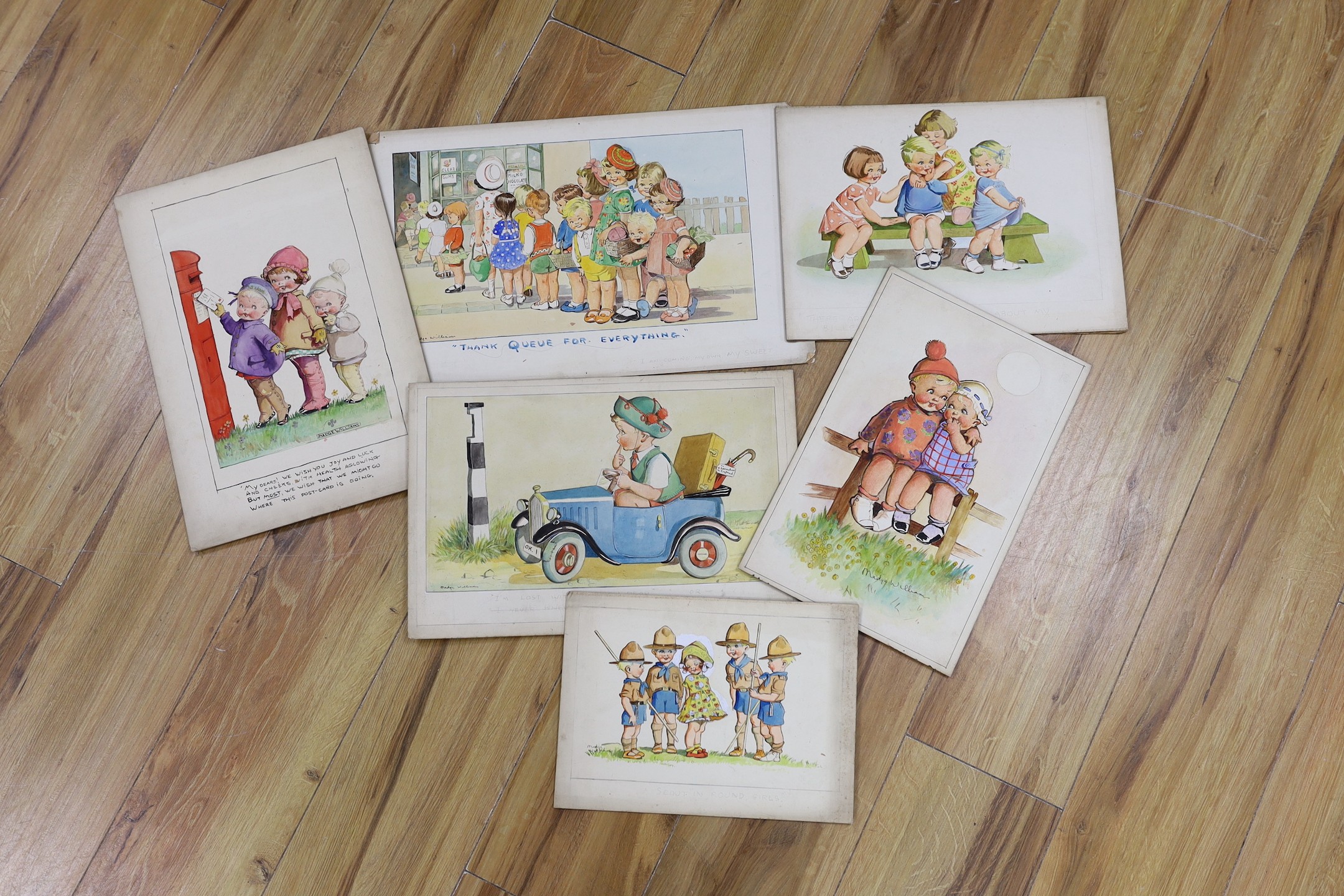 Madge Richardson, (20th century British), six watercolours on card, humorous scenes, unframed, largest 28 x 44cm